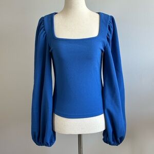 Blue Puff Sleeve Square Neck Top – Fitted Silhouette